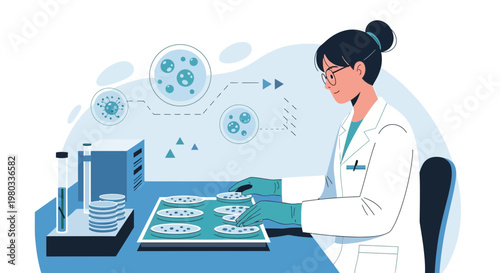 Scientist examining petri dishes in laboratory, microbiology research, cell culture