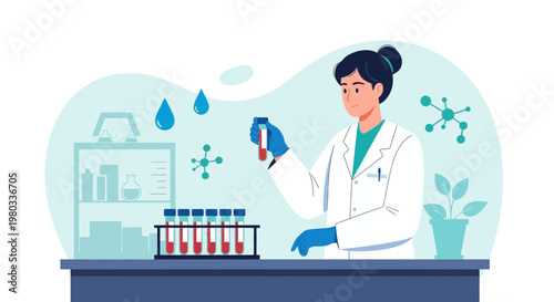 Scientist in Lab Coat Analyzing Blood Sample in Test Tube, Medical Research Concept