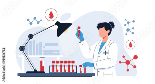 Scientist in Lab Coat Analyzing Blood Sample in Test Tube, Medical Research