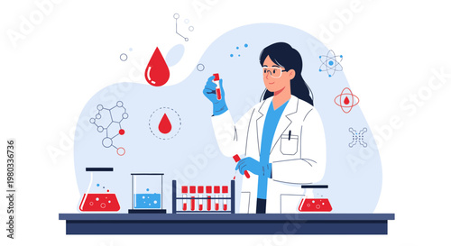 Scientist in Lab Coat Analyzing Blood Sample in Test Tube, Medical Research
