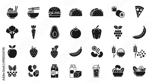 Black and white food icons set.