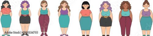 Hand drawn vector set of diverse, body positive women in stylish casual wear.