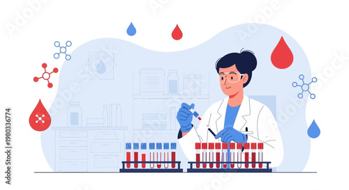 Scientist in Lab Coat Analyzing Blood Samples in Test Tubes for Medical Research