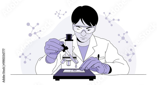 Scientist in Lab Coat and Goggles Examining Sample Under Microscope, Molecular Structures