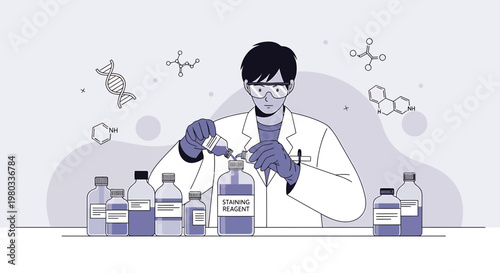Scientist in Lab Coat and Goggles Mixing Reagents in Laboratory with Molecular Structures
