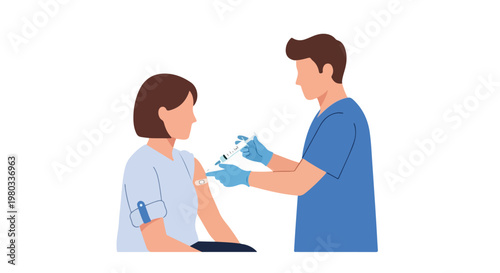 A male healthcare professional in blue scrubs administers a vaccine injection to a seated woman's arm in this clean vector illustration.