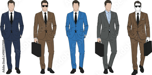 Vector illustration of business people in suits with briefcases, sunglasses, and professional attire in multiple colors