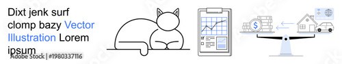 Financial planning, technology, real estate, lifestyle, data analysis, animal ion. Includes cat outline, data chart on a mobile screen and scales balancing money and property. Financial planning