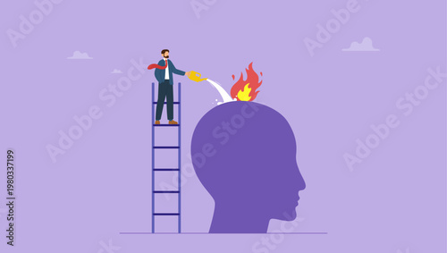 Businessman with watering can putting out fire in burning brain. Psychological therapy help, burnout, stress, emotional problem, mental illness concept.