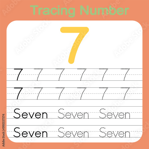 Trace and write the word seven. Alphabet and number tracing worksheets for preschool  children.