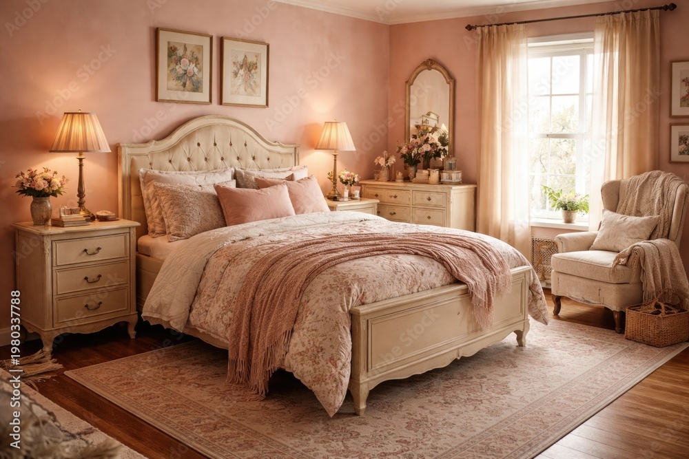 Fototapeta premium cozy bedroom interior featuring soft pink walls and vintage furniture