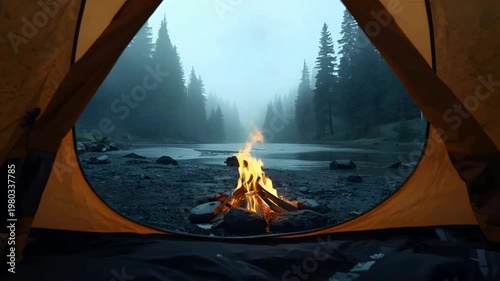 Static Cinematic Campfire Inside Tent Facing Calm Forest River with Misty Pine Trees and Soft Natural Lighting