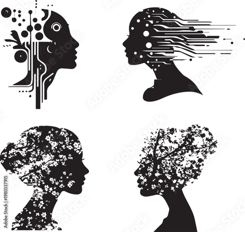 Human head brain technology thinking concept represented with digital circuit brain structure vector black silhouette on white background