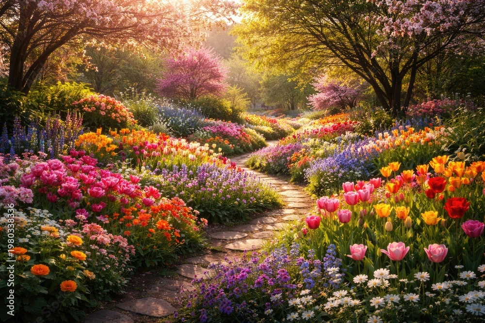 Obraz premium Stunning garden filled with vibrant spring flowers creating a breathtaking floral display in natural surroundings