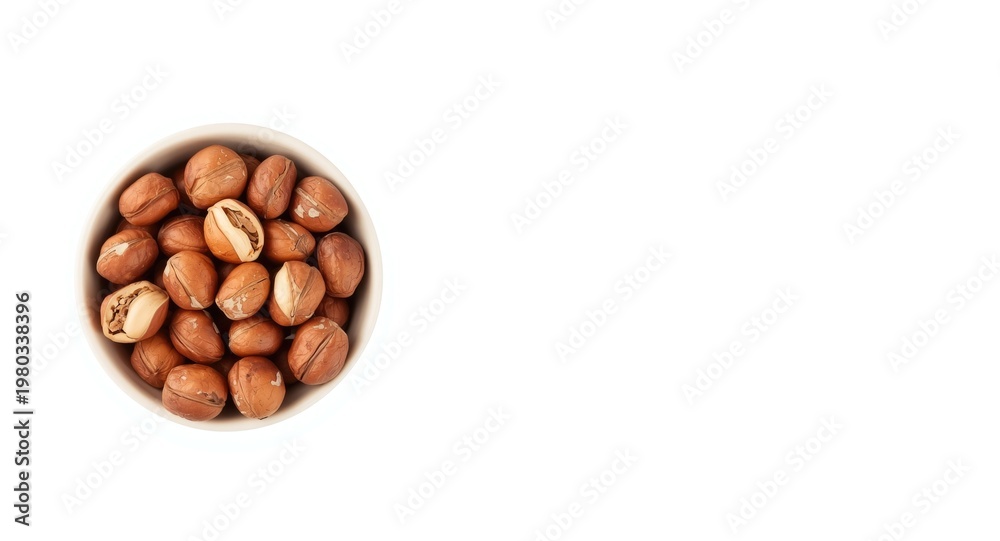 Obraz premium White background image showing a ceramic bowl filled with edible hazelnuts