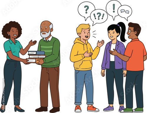 Diverse group of people engaged in conversation and collaboration, sharing ideas, asking questions, and discussing topics together in a friendly, communicative setting.