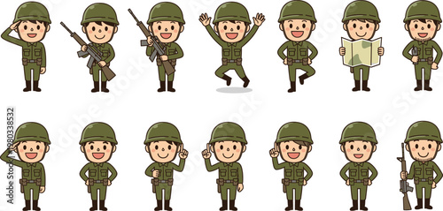 Cartoon soldier characters in green uniforms with helmets, saluting, holding rifles, reading maps, cheerful poses, military vector illustration set