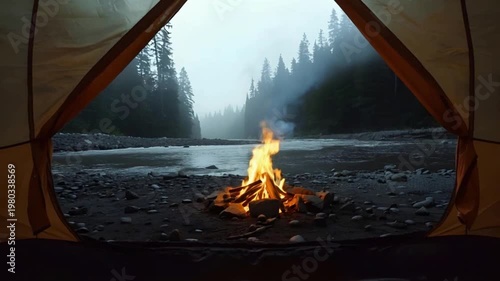 Static Cinematic Campfire Inside Tent Facing Calm Forest River with Misty Pine Trees and Soft Natural Lighting
