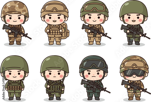 Cute cartoon chibi soldiers in diverse military uniforms with rifles, backpacks, tactical gear, camouflage outfits, rosy cheeks, playful army style