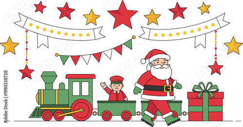 Festive Christmas Santa Claus with toy train, conductor waving, holiday decorations, stars, ornaments, banners, cheerful seasonal vector illustration