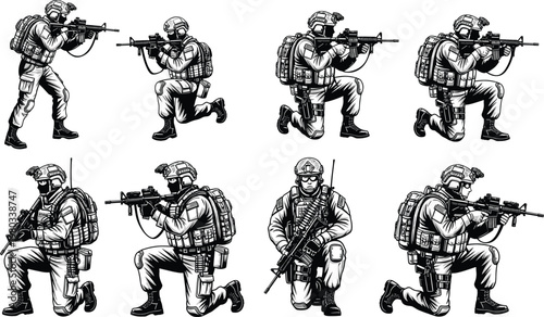 Detailed black and white vector illustration of armed soldiers in tactical gear, combat stances, military posture, discipline, weapon handling techniques