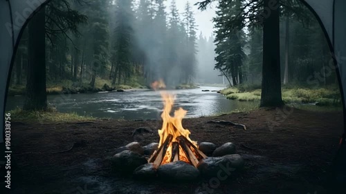 Static Cinematic Campfire Inside Tent Facing Calm Forest River with Misty Pine Trees and Soft Natural Lighting