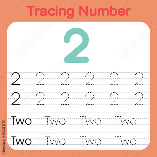 Trace and write the word two. Alphabet and number tracing worksheets for preschool and kindergarten children.