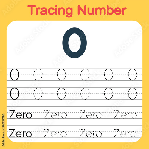 Trace and write the word zero. Alphabet and number tracing worksheets for preschool and kindergarten children.