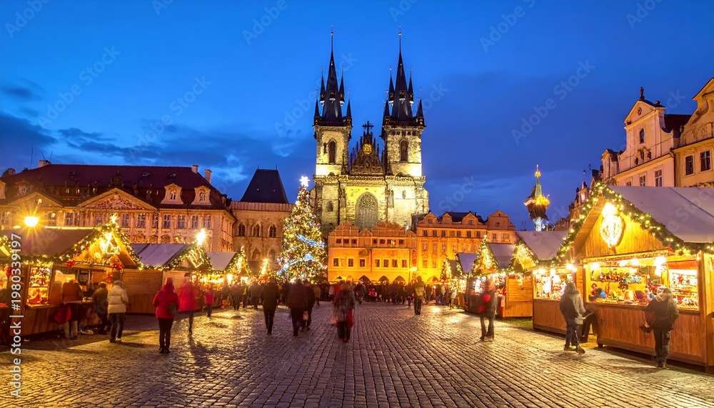 Obraz premium Prague Old Town Square Christmas Market at Dusk with Tyn Church.