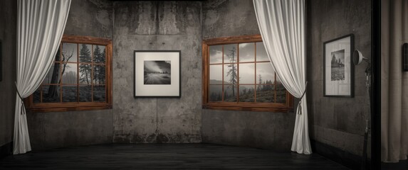 Theatrical stage with white fabric curtains and wooden window frames including monochrome pictures on concrete wall revealing natural landscape