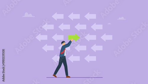 Businessman put a different color arrow to the left in the middle of many arrows heading to the right. Innovative ideas, do different concept.