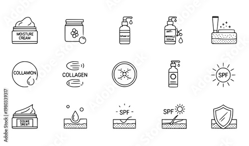 Skincare line icons set – cosmetic ingredients and product properties vector