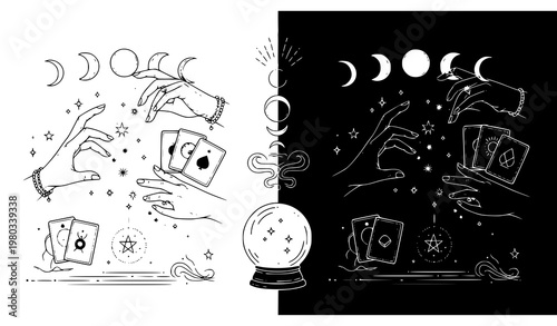 Mystical witch hands and magic symbols – fortune telling and divination vector set