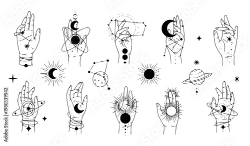 Cosmic aesthetic hands vector set – celestial witchcraft line art illustrations