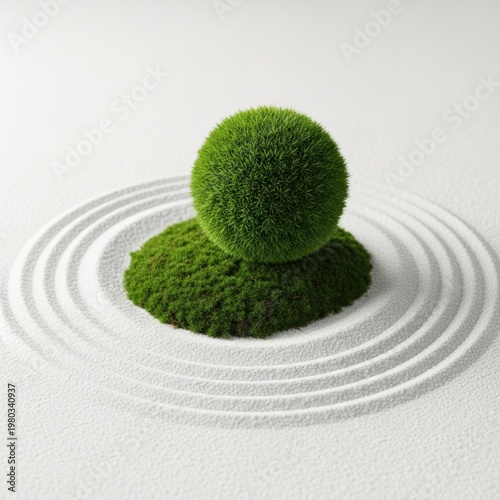 Green moss ball on a mound surrounded by circular raked sand patterns