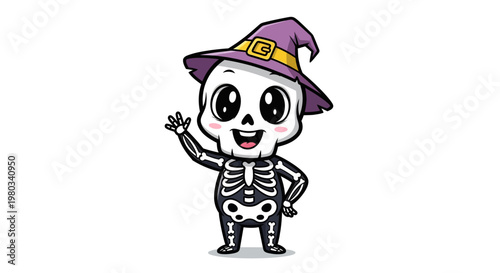 Cartoon skeleton wearing witch hat.