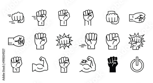 Set of fist bump and power button icons for communication and technology