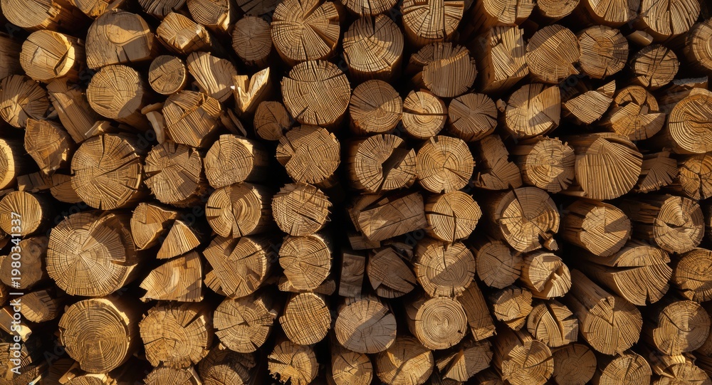 Fototapeta premium Textured wood boards piled orderly in a timber yard bathed in daylight