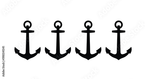 A simple black and white illustration displays four identical nautical anchors in a horizontal row