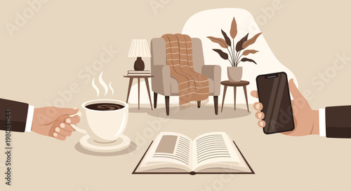 Cozy Reading Corner: Coffee, Book, and Smartphone - Relaxing Home Lifestyle