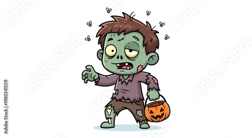 Cartoon zombie boy with pumpkin bucket.