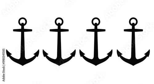 A simple black and white illustration depicting four identical nautical anchors in a row
