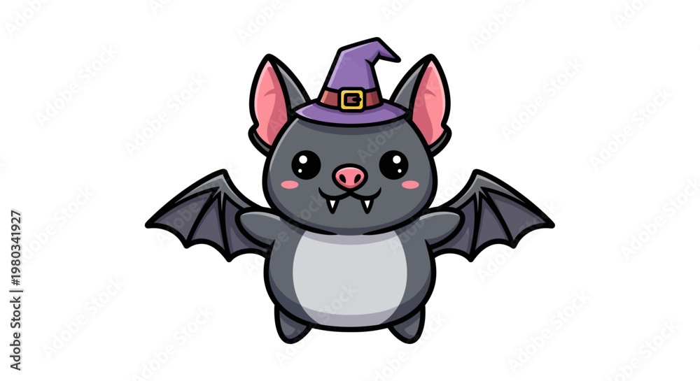 Fototapeta premium Cute Cartoon Bat Wearing Witch Hat.