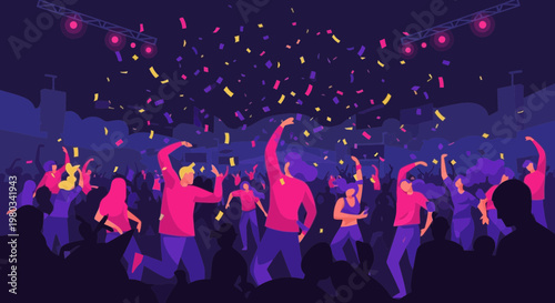 Energetic Crowd Dancing at Music Festival with Confetti and Stage Lights