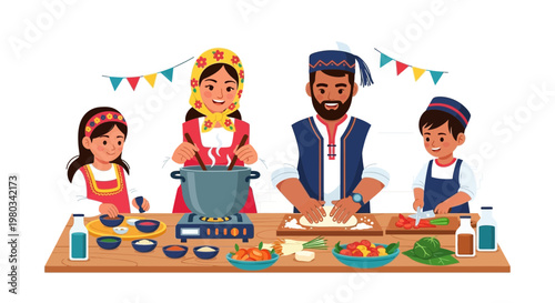 Family cooking together, traditional clothing, diverse culture, healthy food preparation, festive atmosphere