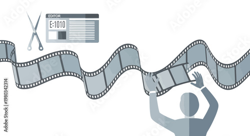 Filmmaker editing film strip with scissors and editor interface, concept of movie production