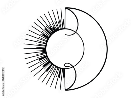 Abstract graphic design of a stylized sun and moon celestial bodies representing time and cycles