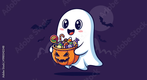 Cute cartoon ghost holding candy bucket.