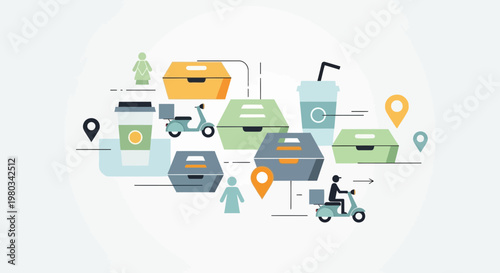 Food Delivery Service Concept: Scooters, Packages, Location Pins, and People Icons