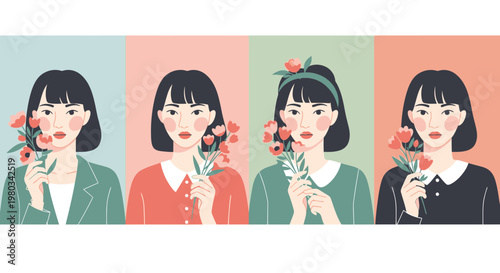 Four diverse women holding flowers, celebrating spring and femininity